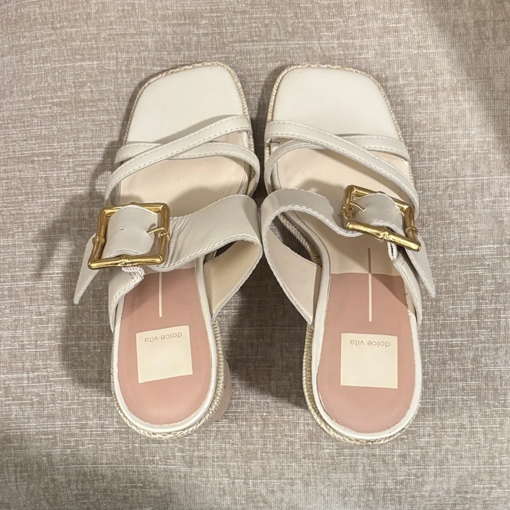 Vince Camuto Cream Block Heel Sandals with Gold Buckle - Picture 2 of 5